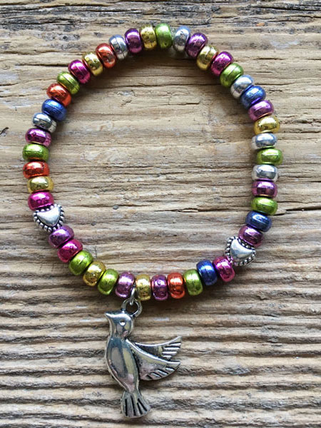 Little Brave Heart Kids Bracelet with multi color beads and dove charm