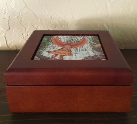 Wooden Treasure Box with Hawk Woman image Inset on top of box