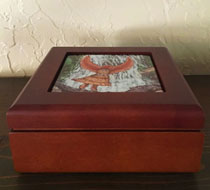 Wooden Treasure Box with Hawk Woman image Inset on top of box