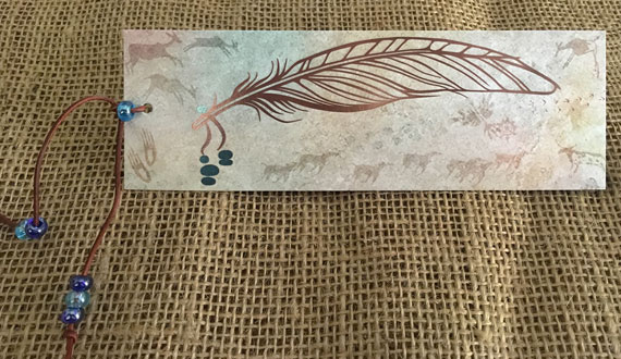Front of bookmark with copper foil feather